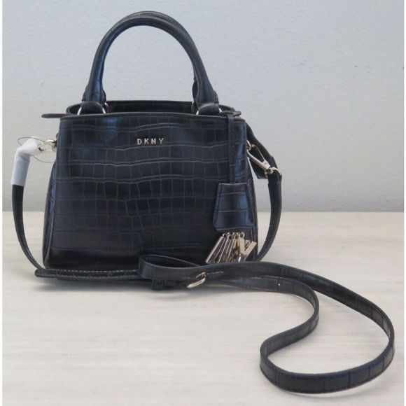 DKNY R13DPJ47 SM Black Croc Embossed Paige Satchel Crossbody Bag w/Charms $178 - Picture 1 of 11